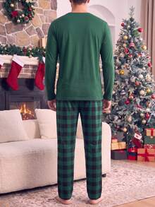 Men's Plus Size Solid Color Long Sleeve Top + Green & Black Plaid Pants Casual Loungewear 2 Pieces Set - Green - View 2