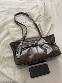 1pc Coffee Brown Large Capacity Solid Color PU Patchwork Tote Bag Women's Shoulder Bag - Coffee Brown - View 4