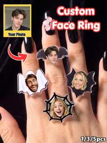 1/3/5pcs Custom Photo Face Ring, Personalized Bat Spider Web Acrylic Finger Rings,Customized Face Rings, Halloween Gothic Rings,Party Decorations - Multicolor - View 2