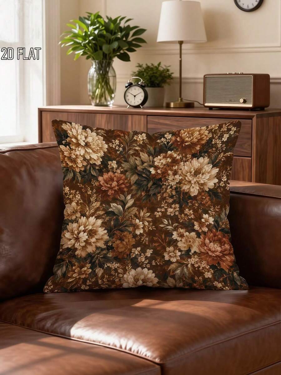1/2/4pcs Vintage Floral Square Pillow Cover,Elegant Earthy Color Palette, Soft Durable Material, Ideal For Bedroom/Living Room Decor, Adds Retro Charm To Home Space - Khaki - View 1