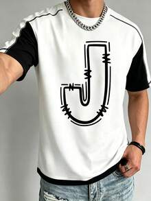 Men's Classic Fashion English Letter Patchwork Raglan Sleeve Loose Short Sleeve T-Shirt, Summer Wardrobe Essential T-Shirt - White - View 3