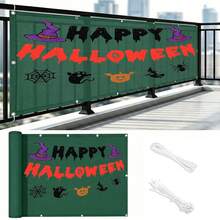 Halloween DIY Yard Decor, Balcony Privacy Screen, Balcony Railing Privacy Screen + Detachable Halloween Bunting, Reusable Porch, Fence Cover Decoration With Rope Ties - Dark Green - Multicolor - View 8