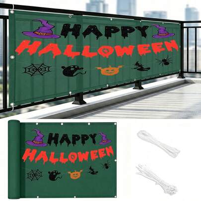 Decoración de patio DIY para Halloween, pantalla de privacidad para balcón, pantalla de privacidad para barandilla de balcón + banderines de Halloween desmontables, cubierta reutilizable para porche y valla con lazos de cuerda - Verde oscuro