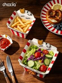 choxila 1pc Button Puppy French Fry Bowl Series, Creative Good-Looking Square Ceramic Bowl, Multipurpose Bowl For Fries, Popcorn, Fruit & Salad - Square Striped Bowl - View 6