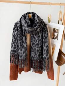 1PcVintage Leopard Print Tassel Scarf, Soft Imitation Cashmere Large Blanket Shawl, Women Autumn Winter Warm Fringe Wrap Scarf - Multicolor - View 11