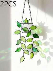 Green Plant Window Suncatcher, Colorful Glass Window Hanging Decor, Handmade Faux Plant Stained Glass Panel Suncatcher, Suitable For Plant Lovers, Unique Home Decor - Multiple Styles - View 12