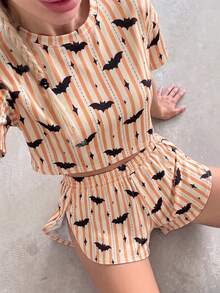 2pcs/Set Minimalist Halloween Pumpkin Ghost Face Print Casual Loose Knit Long Sleeve Top & Side Slit Shorts Loungewear Set, Suitable For Home Use - Apricot - View 4