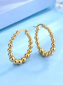 1 Pair 18K Stainless Steel Round Bead Hoop Earrings, Suitable For Daily Wear, Halloween Gift - Gold - View 5