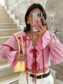 Spring/Autumn Tie Collar Ruffle Flared Sleeve Blouse, Sweet Elegant Lady Style, Pink Women's Shirt For School, Party, Wedding, Beach Vacation - Pink - View 2