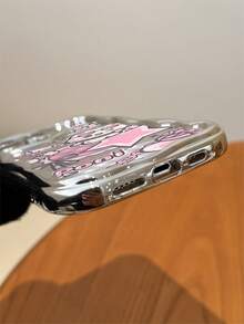 Electroplated Silver Shiny Wavy Frame Sweet Cool Cartoon Cat Phone Case, High Gloss Full Coverage Anti-Drop Protective Shell, Compatible With Apple 11/12/13/14/15/16/17/PRO/PROMAX/PLUS/AIR And Other Phone Models - Silver - View 3