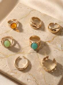 Juego de 7 anillos únicos con incrustaciones, juego de anillos de nudillos con textura martillada asimétrica, adecuado para fiestas, regalos y uso diario - Dorado - Ver 4