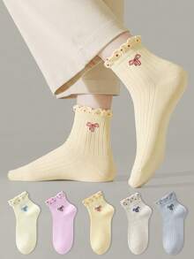 ZUJO 5 Pairs Candy Color Women's Bowknot Ruffle Short Socks, Cute Bowknot Pattern, Breathable And Comfortable, Suitable For All Seasons, Random Color Delivery - Multicolor - View 2