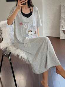 DAZY Gaun Tidur Wanita Lengan Pendek Motif Anak Anjing Lucu 2 In 1, Gaya Imut, Dekorasi Pita - Light Grey - View 1