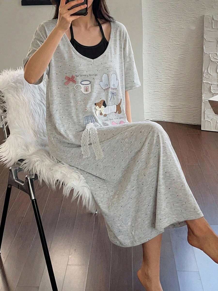 DAZY Gaun Tidur Wanita Lengan Pendek Motif Anak Anjing Lucu 2 In 1, Gaya Imut, Dekorasi Pita - Light Grey - View 1