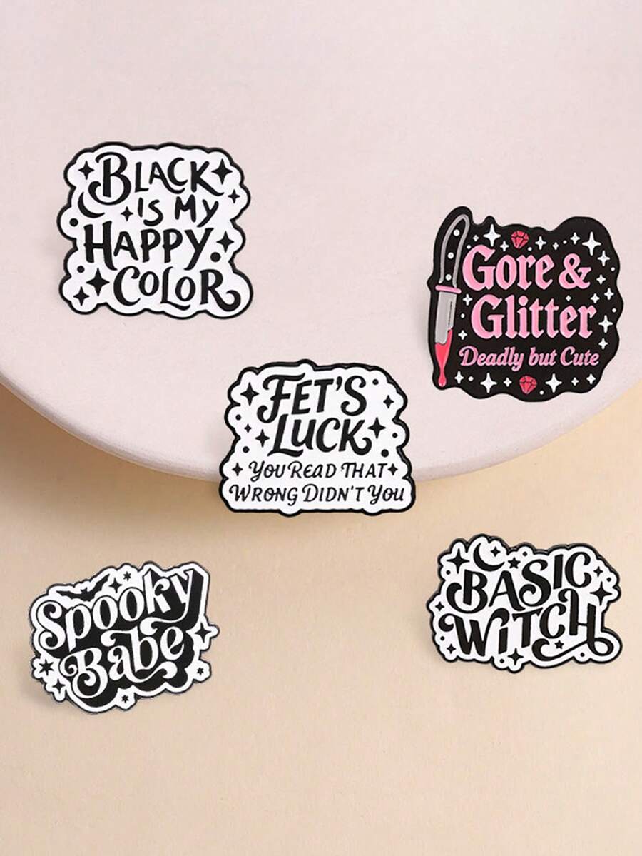 Spooky Witch Quote Enamel Pins Set, Retro Script Text Lapel Brooches For Backpack Jacket