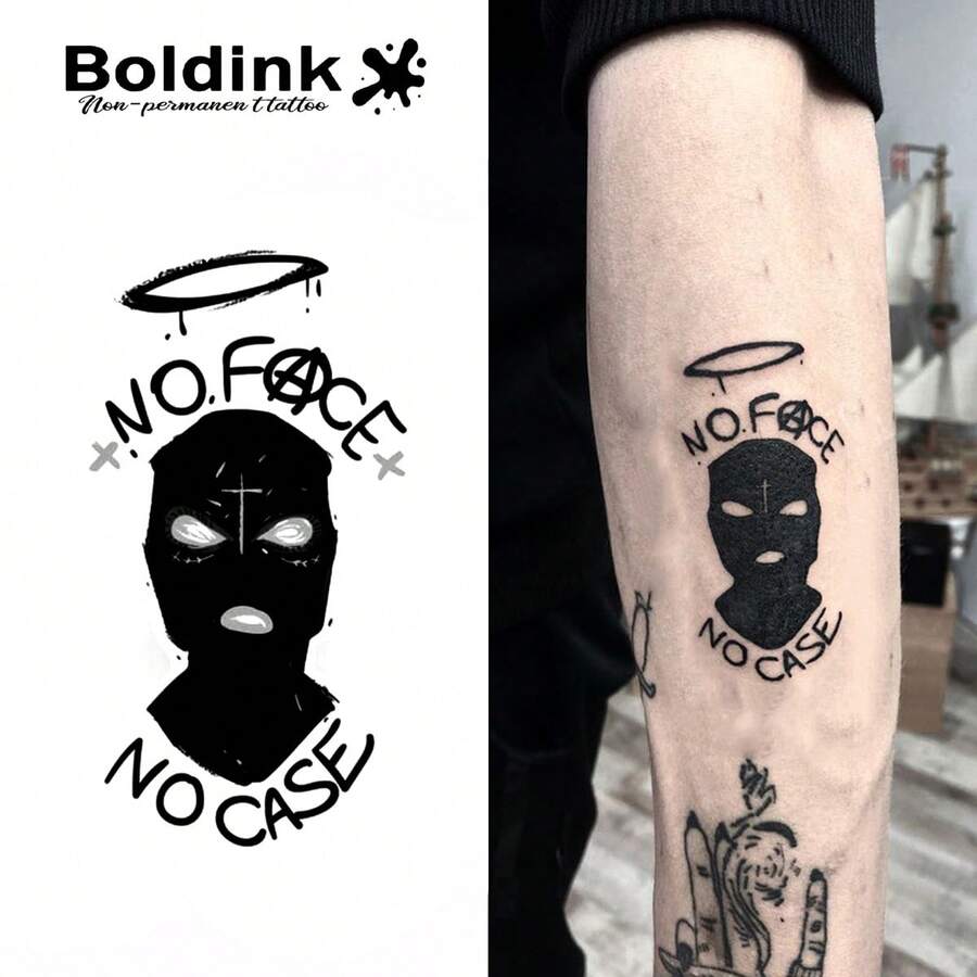 Boldink 1PC Graffiti Style NoCase Face Mask Temporary Tattoo Sticker, Waterproof Body Art Tattoo Sticker, Lasts 1-2 Weeks, Plant Juice Formula, And Gentle, Non-Irritating, Perfect For Daily Outfit And Body Decoration, Unisex Chinese Style Gift, Must-Have For People - Black - View 1