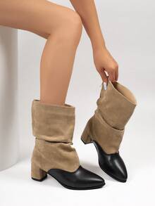 Women's Vintage Pointed Toe Ruched Mid-Calf Boots, Colorblock Pleated Chunky Heel Boots, Suitable For Autumn/Winter Daily Wear - Khaki - View 1