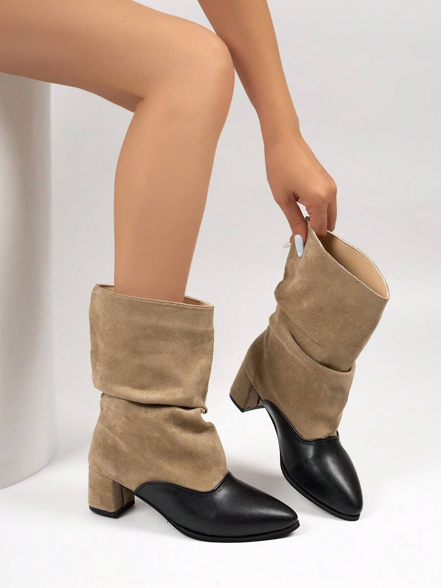 Women's Vintage Pointed Toe Ruched Mid-Calf Boots, Colorblock Pleated Chunky Heel Boots, Suitable For Autumn/Winter Daily Wear - Khaki - View 1