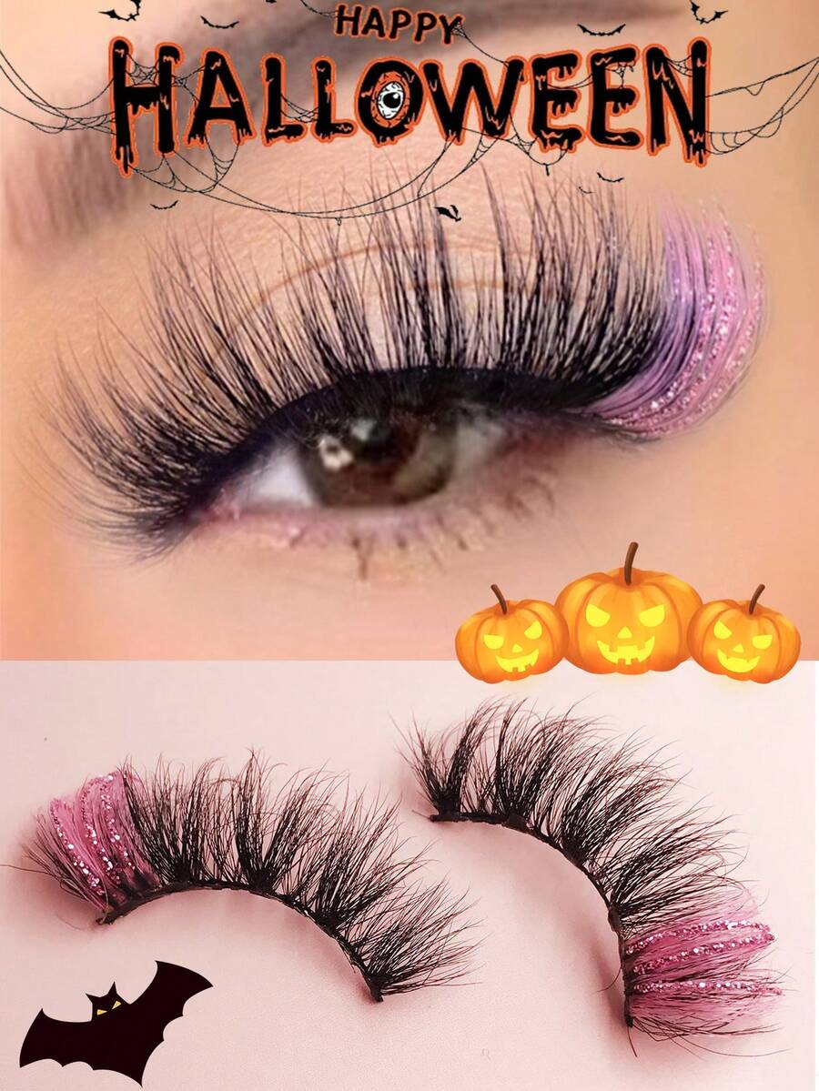 Asiteo 1 Pair Gradient Glitter Faux Mink Eyelashes, Shiny Natural Long & Fluffy, Suitable For Party Wear,Halloween - Multicolor - View 1