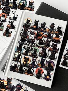 50 piezas Pegatinas transparentes de gato negro de Halloween, patrón vintage de gato oscuro, calabaza y fantasma, adecuadas para botellas de agua, álbumes de recortes, fundas de teléfono, escritorios, patinetas, cascos, materiales de decoración de fiestas, regalos de Halloween, regalos de cumpleaños - Multicolor - Ver 4