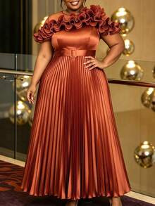 Elegant Plus Size Women Brown Satin Pleated A Line Dress Ruffle Neck Mesh Belted Waist Formal Church Wedding Guest Prom Party Maxi Gown - Brown - View 1