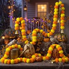 2pcs Artificial Marigold Flower Garland With Gold Bells, 59 Inch Hanging Rope, Suitable For Diwali, Wedding And Festival Decoration, Long Hanging Rope, Suitable For Day Of The Dead, Altar, Halloween And Mexican Style Decoration - Marigold - View 4