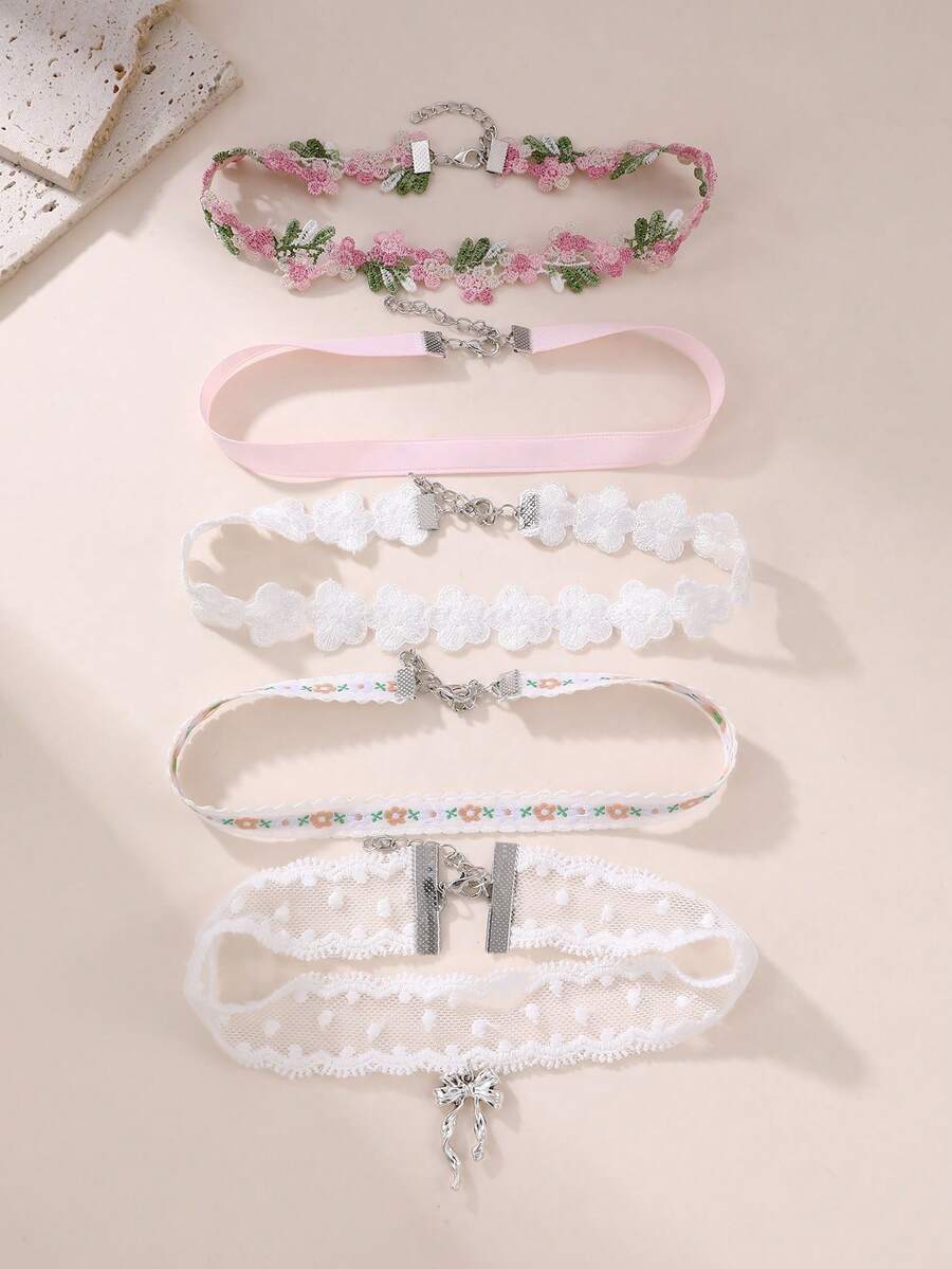 5件組女孩甜美蕾絲花卉頸飾套組,青少年格紋布料領口項鍊 - 淺粉色 - 查看 1