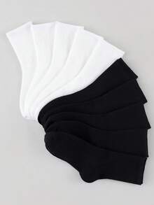 3/5/10 Pairs Men Solid Vertical Ribbed Crew Socks, Black White Basic Breathable Daily Sports Casual Socks - Black and White - View 3