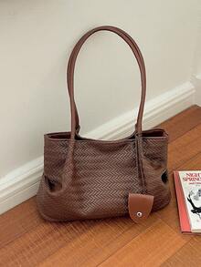 New Elegant Vintage Woven Texture Women's Large Tote Shoulder Bag, Soft Shopping Handbag, Fashionable Office Commute Daily Bag With Leather Charm - Brown - View 8