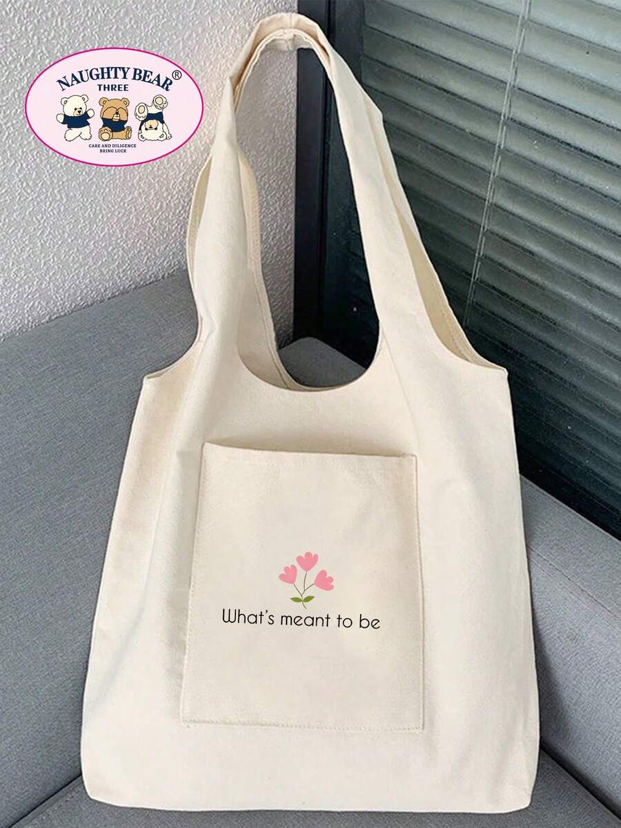 1件米色與紫色薰衣草印花女款帆布托特包,附口袋,便攜逛街購物包 - 米色 - 查看 1