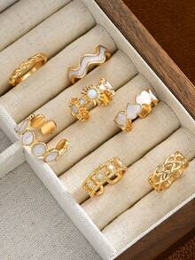 Random Style 21/13/7pcs Simple Fashion Drip Oil Sunflower Heart Flower Star Moon Multi-Element Ring Set For Women Sisters Vacation Date Gift Daily Casual Party Wedding Matching - Yellow Gold - View 3