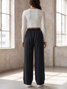 Women High Waisted Striped Wide Leg Pants, Loose Fit Long Trousers With Elastic Drawstring Waist, Casual Office Work Pants, Fall Daily Wear - Black and White - View 7