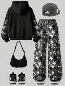 Teen Girls Fashion Star & Letter Print Hoodie + Star All-Over Print Casual Pants 2pcs Set, Autumn Winter Outfit, Campus Style, Homecoming Look - Black - View 3