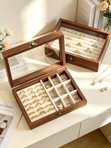 1件胡桃木天窗式珠寶盒，玻璃按扣珠寶收納盒，防氧化手鍊、耳環、項鍊珠寶盒，多格戒指、手鍊、吊墜珠寶收納盒 - 彩色 - 查看 3