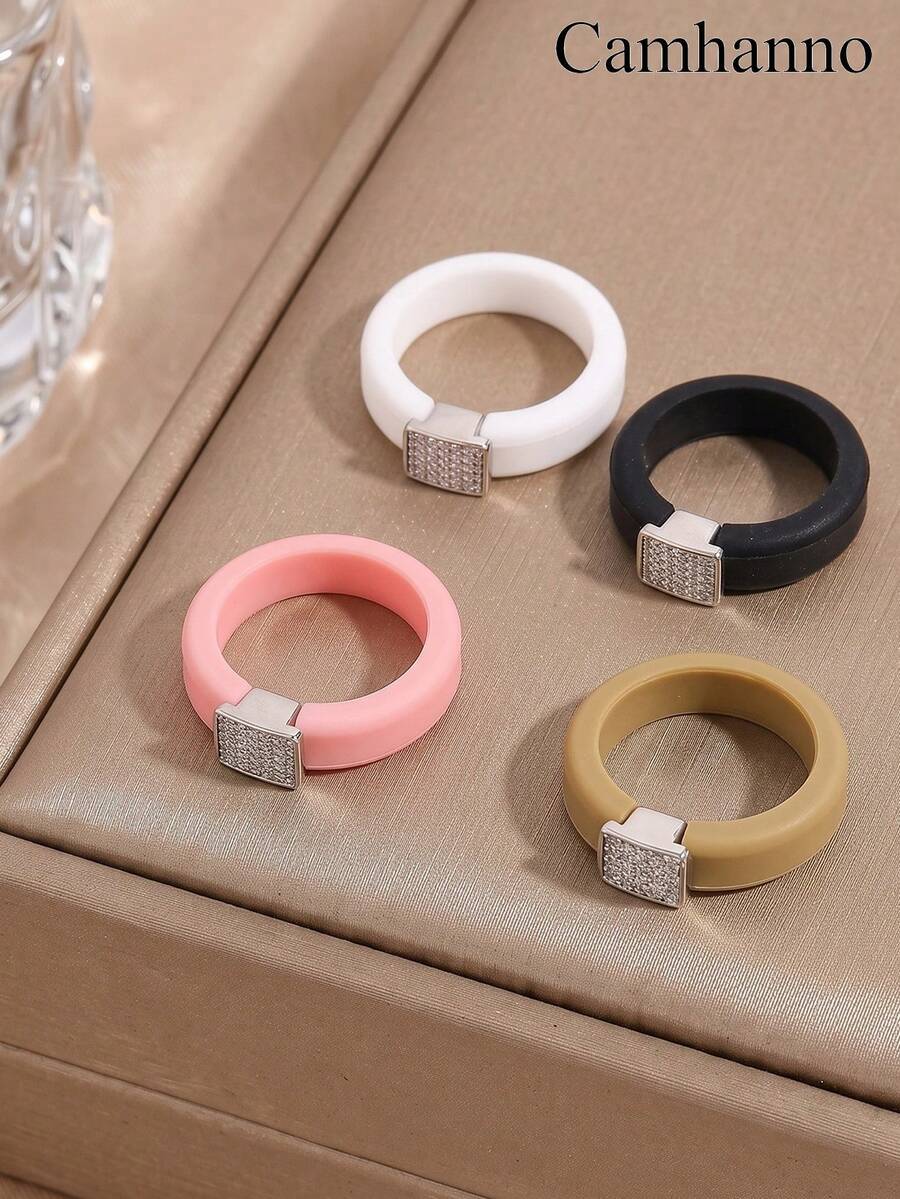 Camhanno 1pc Four Color Optional Soft Silicone Metal Square Brand Ring For Daily Wear, Comfortable And Elegant Ring That Does Not Restrict The Hand - Silver - View 1