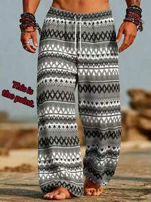 Men's Casual Beach Pants, Featuring INS Style Bohemian Orange Print With Sublimated Multi-Color Geometric Horizontal Stripes - Black and White - View 1