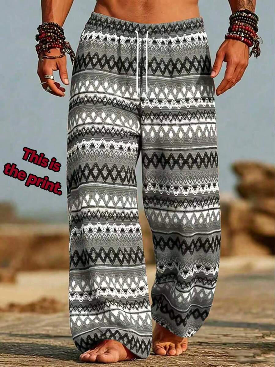 Men's Casual Beach Pants, Featuring INS Style Bohemian Orange Print With Sublimated Multi-Color Geometric Horizontal Stripes - Black and White - View 1