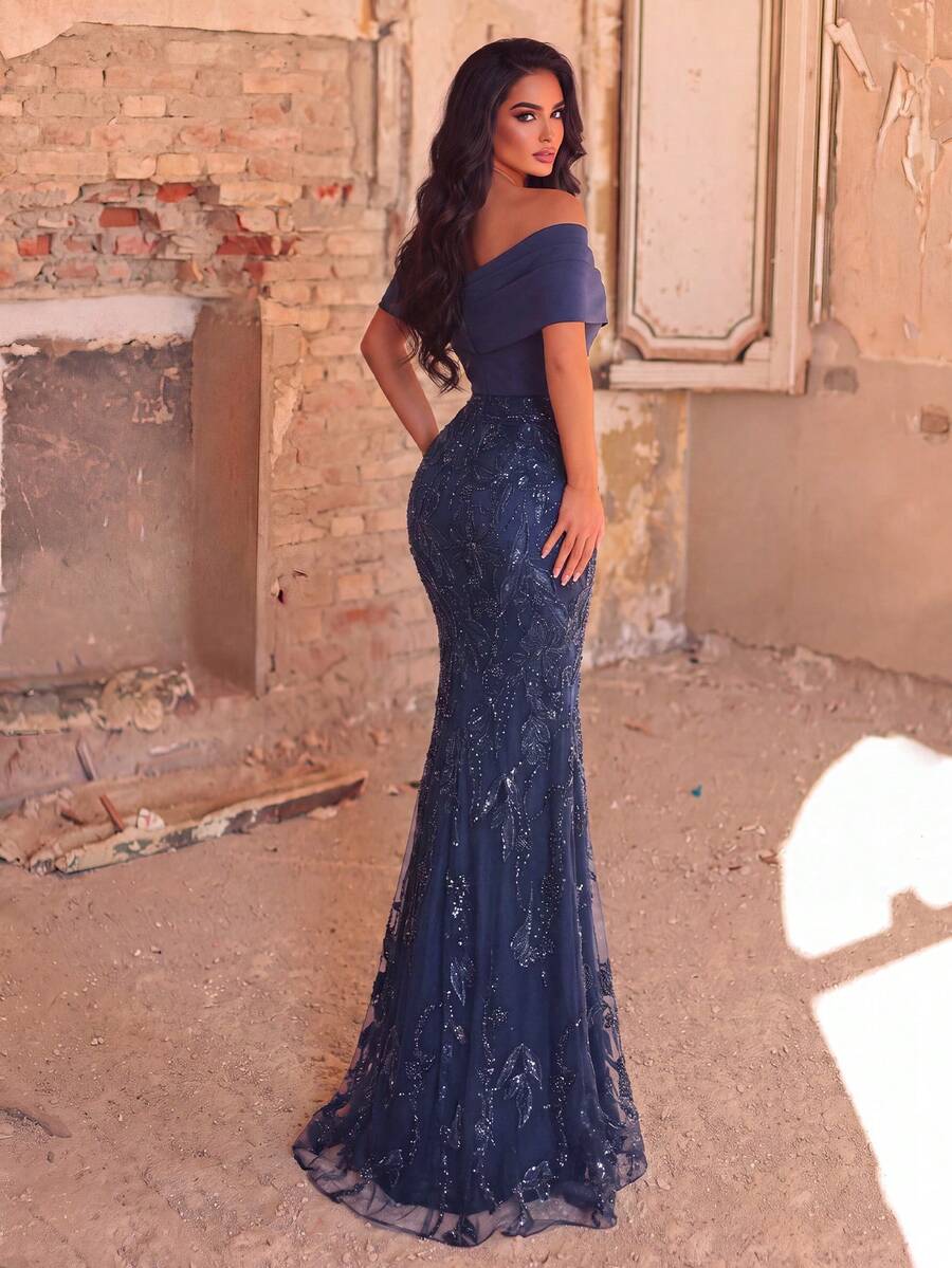 Elegant Women's Asymmetrical Neckline Mermaid Ball Gown With Sequin Embellishment And Cold Shoulder Sleeves, Suitable For Formal Occasions - Royal Blue - View 1