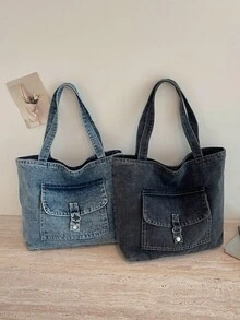 Fashionable Textured Large Capacity Denim Tote Bag, Casual Convenient Versatile Women's Handbag, Daily Commute Shopping Travel Shoulder Bag - Multicolor - View 5