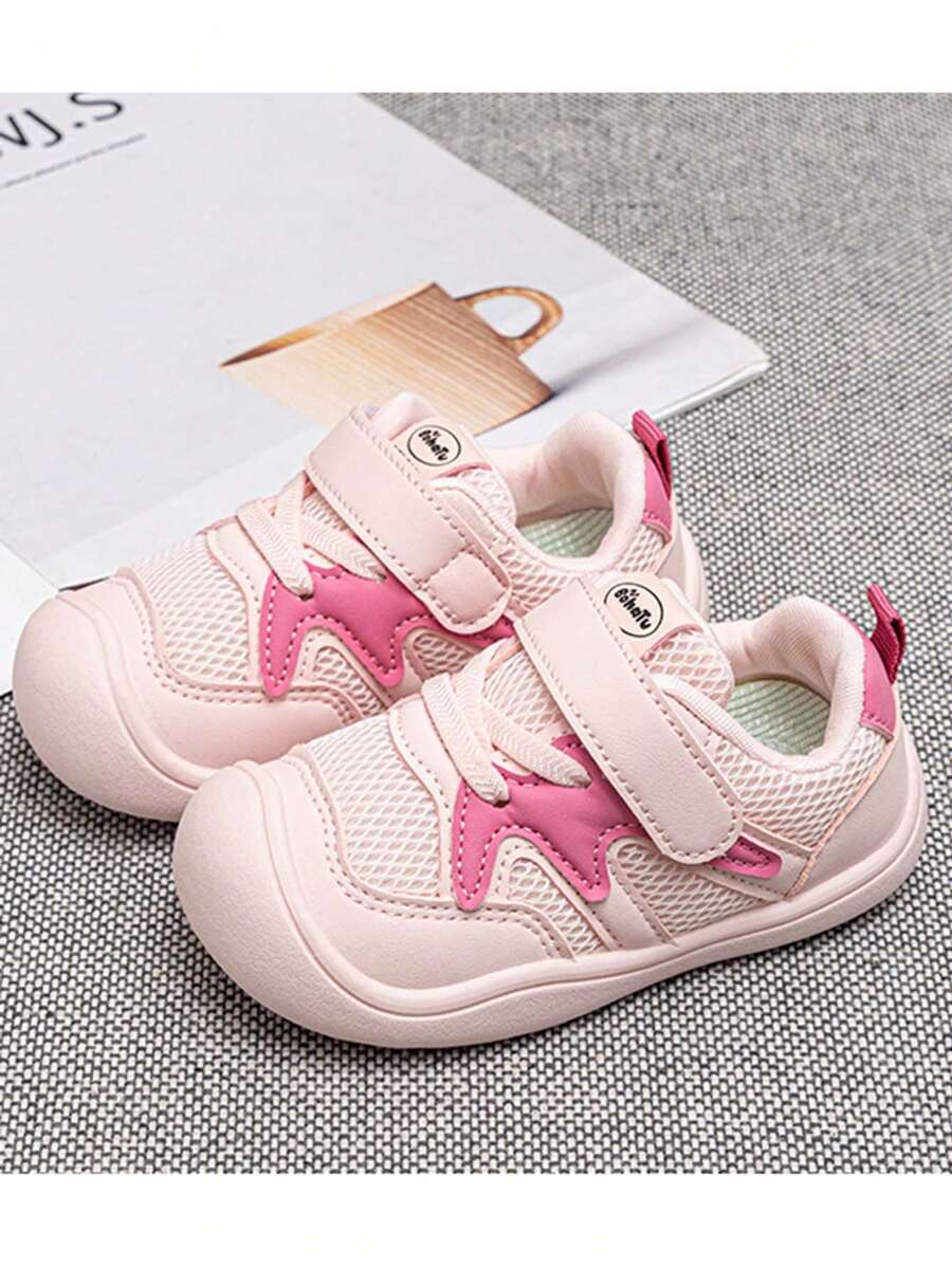 1 Pair Baby Breathable Mesh Hook & Loop First Walker Shoes, Anti-Collision Toe, Non-Slip Soft Sole, Unisex Casual Shoes, All Season - Pink - View 1