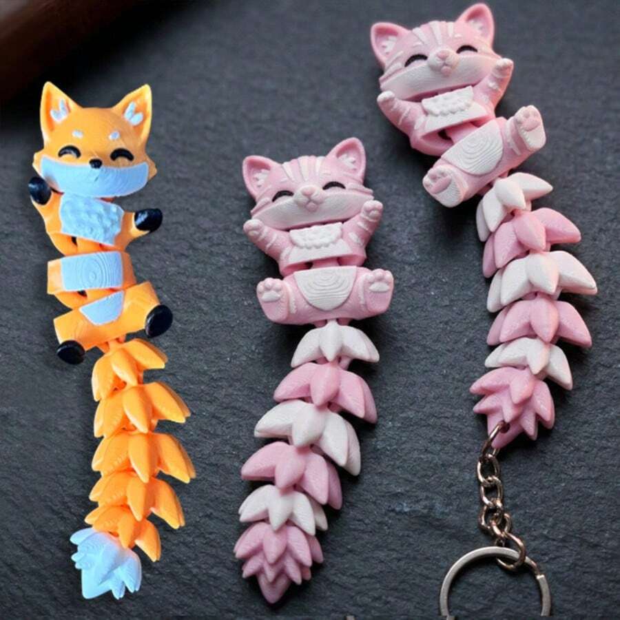 3D Printed Cat Keychain Pendant, Cute Little Fox Movable Integrated Joint Accessory, Popular Decorative Item - Multicolor - View 1
