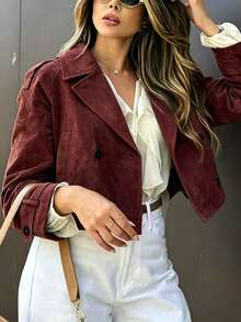 Women's Casual Commute Double-Breasted Jacket, Autumn - Burgundy - View 2