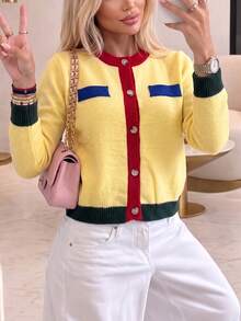 Women's Colorblock Knit Cardigan, Autumn/Winter Long Sleeve Round Neck Button-Up Sweater Top, Medium Stretch Knitwear - Yellow - View 2