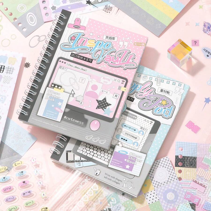 24 Sheets/Bag Sticker Book Basic Graphic & Text Theme Creative Scrapbook Supplies, Scrapbooking Accessories For Decorating Cards, Photo Frames, Computers, Phone Cases, Water Bottles, Magazines, Stationery Boxes, Suitcases, Desktop Decoration Stickers - Sticker Book - View 1
