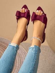 Women's Flat Ballet Shoes With Bow, Solid Color, Elegant Fashion Commute Basic Style, Preppy College Applique Bow, Suitable For All Seasons, Office - Burgundy - View 7