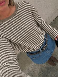 Women's Long Sleeve Striped Pattern Crew Neck Fashion Casual T-Shirt - Khaki - View 6