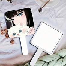 女孩與貓咪卡通氛圍手持化妝鏡，學生補妝小鏡子，梳妝鏡 - 彩色 - 查看 7