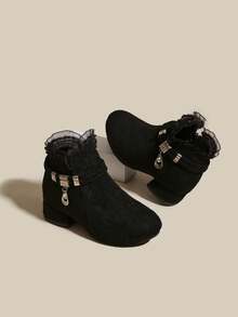 Girls' Black Suede Rhinestone Ankle Boots, Chunky Heel Princess Boots With Side Zipper, Stylish Dress Boots For Little Girls - Black - View 2