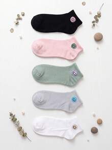 5 Pairs Women Smiling Face Embroidery Ankle Socks, Soft Cotton Breathable Cute Multicolor Casual Daily Socks Multi‑Pack - Multicolor - View 4
