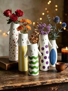 Cute Cartoon Character Resin Flower Vase, Green Wavy Stripes Face Vase With Small Arms, Creative Desktop Ornament, Tabletop Decor For Bedroom Living Room Shelf, Boho Home Decorative Gift - Figurine - View 7